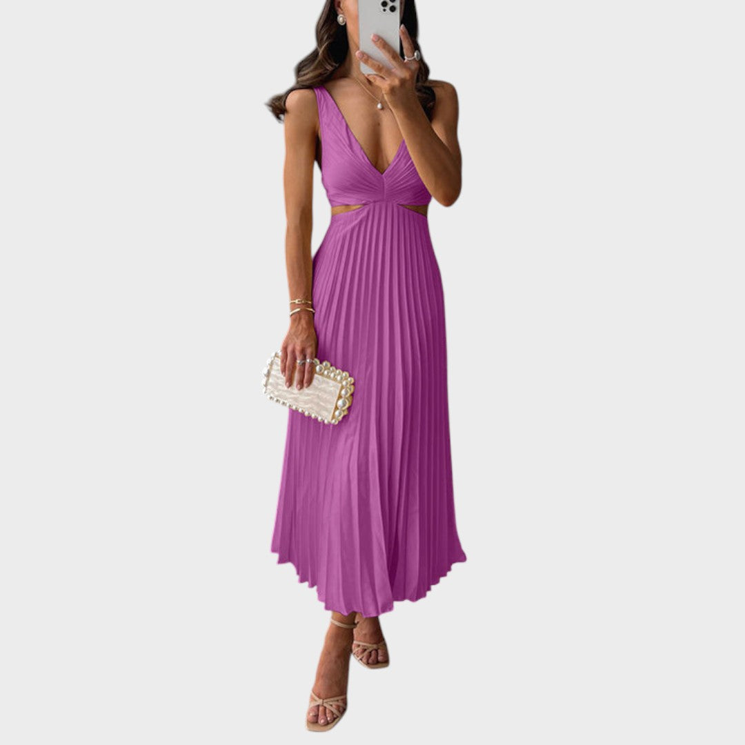 Katarina - Elegantna Haljina s V-Izrezom i Plisiranim Suknjom